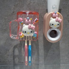 AAAdoly 壁掛漱口杯套裝 兒童卡通奧特曼情侶牙刷架洗漱杯 擠牙膏神器, KT貓+牙膏器(送牙刷和掛架), 1個