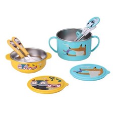 CUIMSON 兒童餐具組 不鏽鋼碗 附蓋 雙耳碗 湯匙 叉子 可愛動物造型, 彩色, 1箱, 餐具