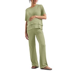 [ 1078116 ] Tankaneo 여성용 산후 임산부 파자마 투피스 세트 리브 반소매 수유 상의 및 신축성 있는 허리 팬츠 라운지웨어 아미 그린