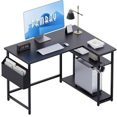 팸레이 43인치 L자형 컴퓨터 책상 리버서블 측면 수납 선반 작은 공간 홈 오피스용 작은 코너 책상 침실용 필기 공부 테이블 게이밍 PC 책상 블랙, Black, 40 inch