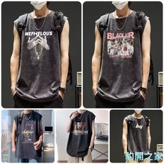 豹開之家 復古水洗做舊印花 坎肩背心 男寬鬆 籃球 無袖T恤 BXS01