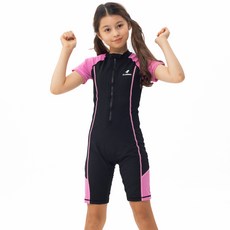 엘인보아 주니어 여아 실내수영복 반팔집업스윔슈트_배색핑크