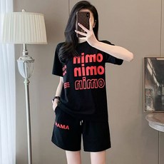 AREVI 여성 여름 트레이닝복 세트 알파벳 프린트 캐주얼 순면 루즈핏 반팔 반바지 세트