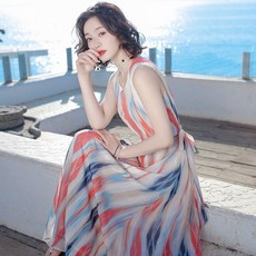 雪紡連衣裙 收腰顯瘦 韓版長裙 條紋度假裙 女, 圖片色,2XL 建議60.0-65.0公斤, 圖片色