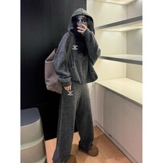 檸檬潮玩精品店 鞦鼕新款門條紋套裝 廓形連帽拉鏈衛衣外套闊腿褲套裝