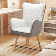 화장대 의자 안락의자 안락 소파 독서 휴식 1인용, 실목 다리, 고정 팔걸이, 높은 등받이 기술직물실버+그레이 실목 고정형