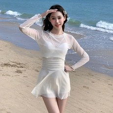 連體泳衣女 透視長袖 高級感保守純欲