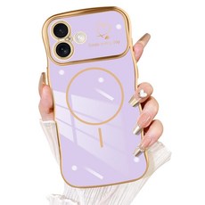 Fiyart 아이폰 16 플러스 전용 케이스 귀여운 웨이브 프레임 컬리 모양 러브 하트 도금 여성용 여아용 카메라 보호 MagSafe 마그네틱 충격 방지 범퍼 17cm(6.7, iPhone 16, 라이트 퍼플