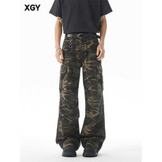 힙합 스타일 카모 멀티포켓 데님 카고 팬츠 주름 디자인 슬림핏 스트레이트 워싱 바지