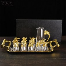 Z3JC 十二生肖白酒杯分酒器套裝家用玻璃酒具12只小酒杯子彈一口杯國風, 1個, 國風-1壺12杯黑禮盒裝+盤:如圖