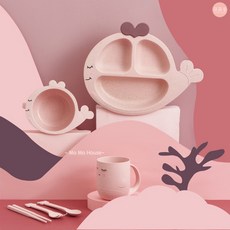 萌萌屋 【台灣現貨】恐龍造型兒童餐盤六件組 小麥秸稈餐盤 吃飯餐盤 麥秸稈碗 杯子 餐盤 餐具 兒童餐具, 1個, 鯨魚餐盤六件組(粉色), 粉色, 餐盤、碗、杯子、筷子、叉子、湯匙