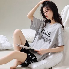 순면 반팔 반바지 세트 여름 여성 잠옷