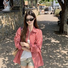 투니스 여성 빈티지 루즈핏 체크 긴소매 셔츠 재킷