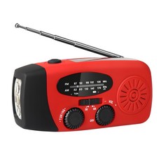 SUKI 태양열 휴대용 소형 핸드크랭크라디오 스피커 자가발전손전등 LED 랜턴 보조베터리, 레드