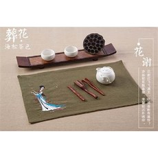 辦花 薄松茶色 桌墊, 中式刺繡復古禪意功夫茶席麻布餐墊手工桌旗茶道棉麻亞麻布藝手繪, 1個, 中式刺繡復古禪意功夫茶席麻布餐墊手工桌旗茶道棉麻亞麻布藝手繪