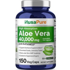 NusaPure 알로에 베라 식물성 캡슐 당 40 000mg - 150개 - 알로에 베라 젤 보충제 - 추출물 200:1 채식주의자 GMO 프리 바이오페린, 1개, 150