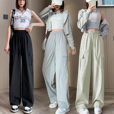 여성 와이드 하이웨이스트 카고 팬츠 - 편안한 일자핏 통바지