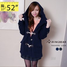 眼圈熊 中大尺碼毛呢大衣，經典學院風連帽牛角扣設計，大口袋保暖外套，多種尺碼可選