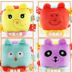 SKK BABY 動物多面方塊 親膚毛絨布藝搖鈴 布積木 手抓球 變臉方塊, 1個, 森林 四面動物（象、猴、貓頭鷹、熊貓）