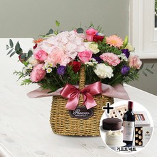 꽃바구니 선물 기념일 GIFT 세트상품 (핑크수국 a-0262) 케이크 빼빼로 샴페인 초콜릿 사탕 전국당일배송 생일 생신 어버이날 선물 카네이션, + 초콜릿, 알뜰