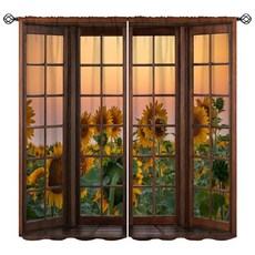 FAOTELY 아름다운 해바라기 풍경 커튼 소박한 빈티지 유화 정원 3D 창문 뷰 암막 드레이프 침실 거실 주방 카페용 너비 53.3 x 길이 137.2cm(21 54인치) x