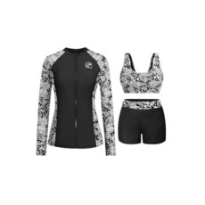 Holipick 여성용 긴소매 수영복 - 3피스 래쉬가드 반바지 지퍼 SPF 수영 셔츠 내장 브라 포함 그린 스트라이프 S 154761