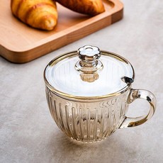 玻璃杯 帶蓋 茶杯 家用水杯, 1個, 咖金色 條紋 送銀色勺子