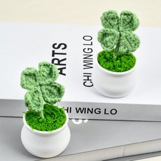 OFFCURVE 행운 네잎클로버 미니 수제 대시보드 화분 차량 데스크 친환경 인테리어 소품, 1개, 녹색