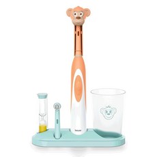 Beurer 보이러 TB10 전동 칫솔 키트 재미있는 Milo the Monkey 캡 플라크 제거에 도움이 되는 매우 부드러운 브러시 헤드 2개 타이머 2분 헹굼 컵 BPA 프, 원숭이 밀로