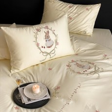 春夏貢緞長絨棉毛巾刺繡四件套高級感簡約卡通純色牀單牀上用品, 花園奶油色【長絨棉四季款】,牀笠款四件套【被套200*230】