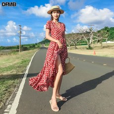 DFMEI 碎花連衣裙 V領不規則荷葉邊長裙