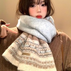 費爾島風提花藍色針織圍巾女冬季保暖加厚百搭護頸圍脖