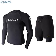 barrel 男士衝浪潛水服 長袖長褲分體 速乾緊身 水母衣浮潛服 防曬防寒 游泳衣 戶外運動 海邊必備, 男黑圓領套頭上衣,L(120-135斤)