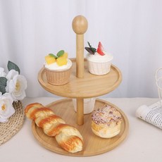 竹木多層蛋糕點心架甜品高腳展示架酒店宴會下午茶擺臺水果盤零食盤, 雙層圓形20+25高30, 1個