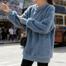 ROYALBELLE 여성 라운드넥 기모 긴팔 루즈핏 캐주얼 데일리 미디롱 도톰한 맨투맨 D00103011