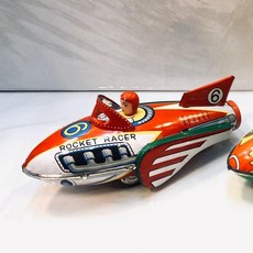 伍拾錢 發條鐵皮玩具 回力車 太空船系列 懷舊收藏 交換禮物 聖誕禮物 生日禮物, 1個, ROCKET RACER（紅白）, 紅白