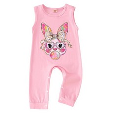 SOFEON 신생아 여아용 부활절 롬퍼 귀여운 리본 토끼 민소매 점프수트 행복한 여름 원피스 의상 블루. 12-18개월107497