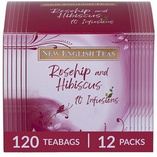 New English Teas 과일 및 허브 티 티백 120개 개별 포장된 티백 10개 12팩 천연 카페인 프리 (로즈힙 및 히비스커스), 로즈힙 및 히비스커스