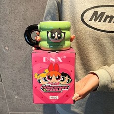 飛天小女警馬剋杯2024新款女生陶瓷水杯咖啡杯高顔值生日禮物, 1個, 藍色泡泡320ml【飛天小女警正版授權】,小女警磁吸公仔马克杯【彩盒裝】