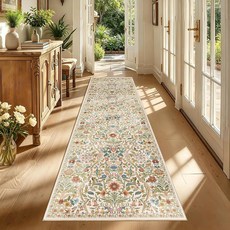 3x10 Washable Runner Rug Beige Floral Boho Area Rug for Hallway Low-Pile Non-Slip Stain Resistant, 3x10 Washable Runner Rug,Beige