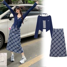 해피유통 여성 투피스세트 숏 톱 +체크 스커트 데일리 투피스jhz