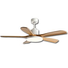 家用變頻木紋吊扇燈，六檔調速正反轉，LED照明節能靜音，簡約時尚吊扇, 白+木紋扇吊杆款 52吋變頻遙控+無極調光