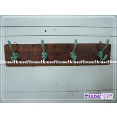 House傢飾 美式鄉村復古Loft工業風壁掛式木製底板綠色鐵製4掛勾 - 限量新款, 1個