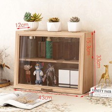 台灣發貨 統編 桌上收納櫃 收納櫃 木質 展示櫃 木櫃 複古鬆木製杯子置物櫃 桌麵帶翻蓋手辦透明木質複古茶具茶桌, 原木色翻蓋二層櫃-大號