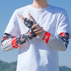 夏天男士寬鬆透氣防曬冰絲袖套戶外釣魚防紫外線遮陽護手臂冰袖長, 海彩潮款：灰紅, 1個