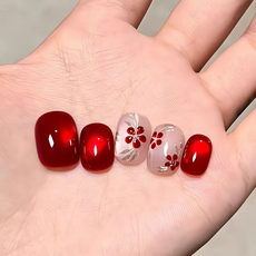GUEFOON 金色貓眼花朵穿戴甲, 1個, 酒紅色（星落）M:短芭蕾（8393）