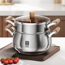 BOLIGUAN 雙層不鏽鋼蒸鍋，木柄設計透明鍋蓋，多功能家用蒸煮鍋具, 1個, 加厚不鏽鋼雙層26CM