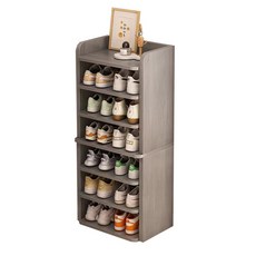 多層簡約鞋架，灰色木紋鞋子收納架，開放式鞋櫃，頂層置物平台，環保材質耐用, 灰色木紋, 1個