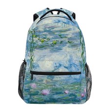 AHOMY 백팩 학교 가방 수련 클로드 모네 유화 꽃 노트북 여행 데이팩 배낭 학생용