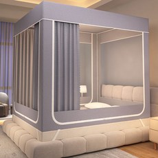 【格森】床簾蚊帳一體式家用懞古包免安裝新款防塵臥室拉鏈, 肌理紋高級灰【無遮光簾】防蚊又防摔,0.9x1.9m學生床 加粗烤漆支架